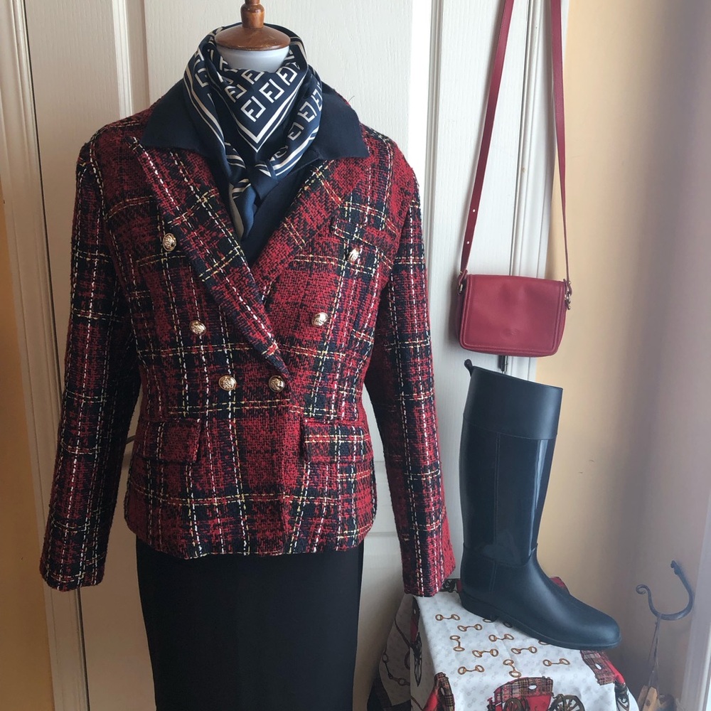 Tartan Plaid Double-Breasted Tweed Blazer jacket